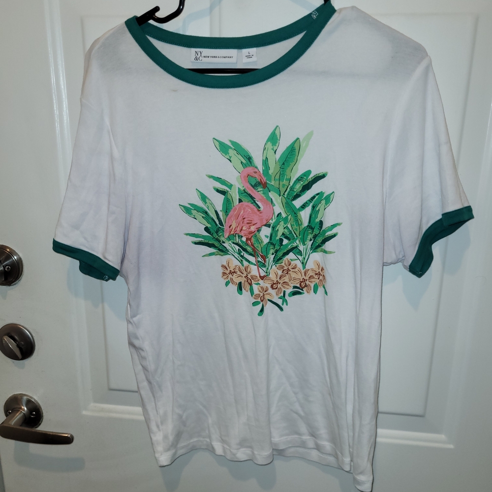White Flamingo Print T-Shirt with Green Accents.
